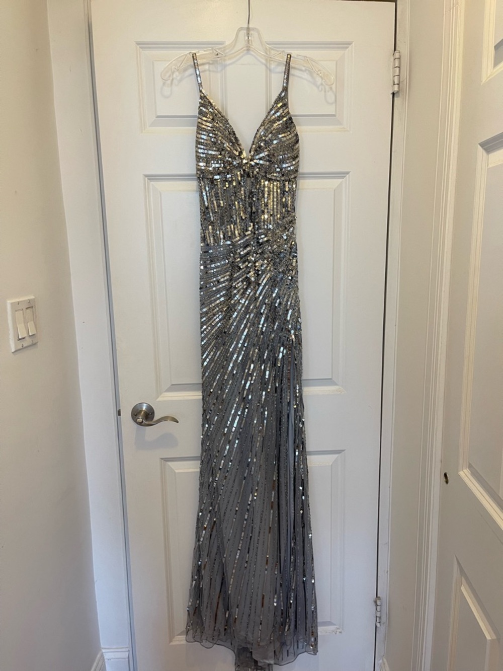 PRIMAVERA Silver Sequin V-Neck Prom Dress with Spaghetti Straps